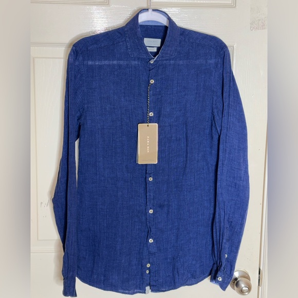 ZARA 100% LINEN SHIRT WITH collar and long sleeves pocket BLUE Small NWT - Picture 12 of 13